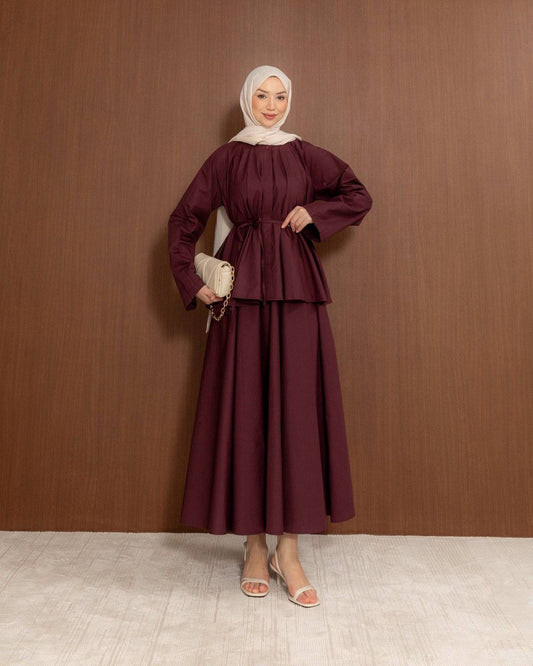Cotton Blend Peplum Top & Maxi Skirt Co-Ord Set | Elegant Modest Two-Piece Outfit