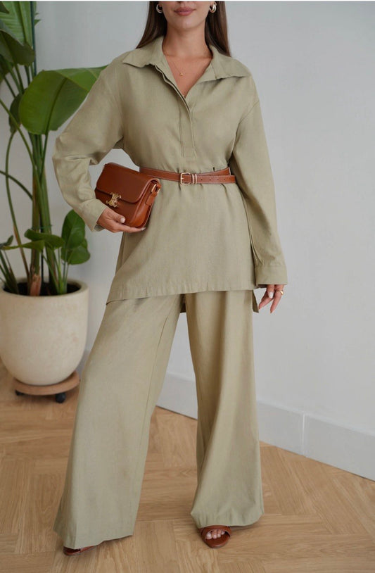 Dezentes Leinen-Set aus 100 % Leinen | Relaxed Shirt & Wide-Leg Trousers
