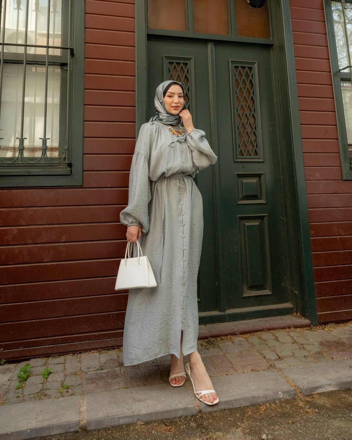 Cotton Blend Buttoned Shirt Dress - Elegant Long Sleeve Dress