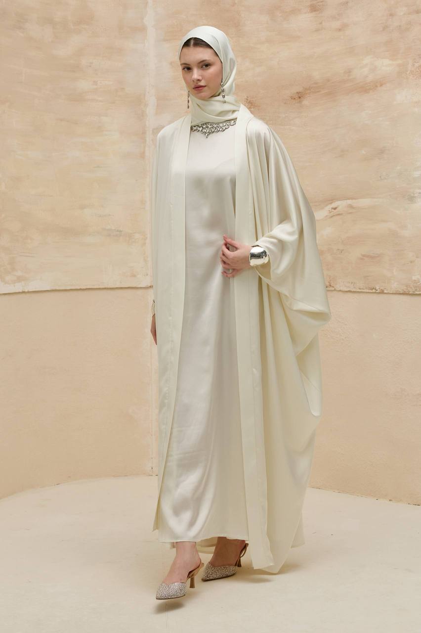 Luxuriöses 2-teiliges Satin-Abaya-Set – Unterkleid & offene Abaya | Elegante Anlasskleidung