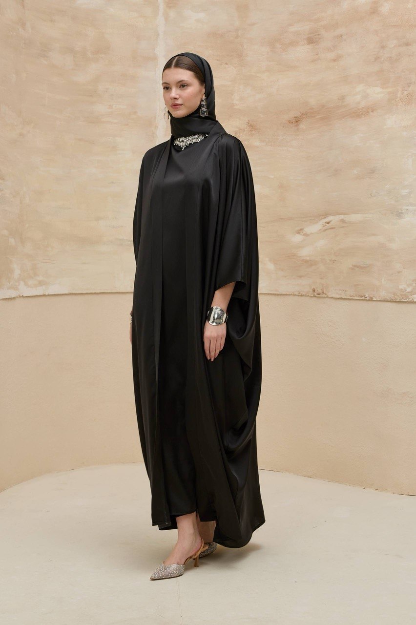 Luxuriöses 2-teiliges Satin-Abaya-Set – Unterkleid & offene Abaya | Elegante Anlasskleidung