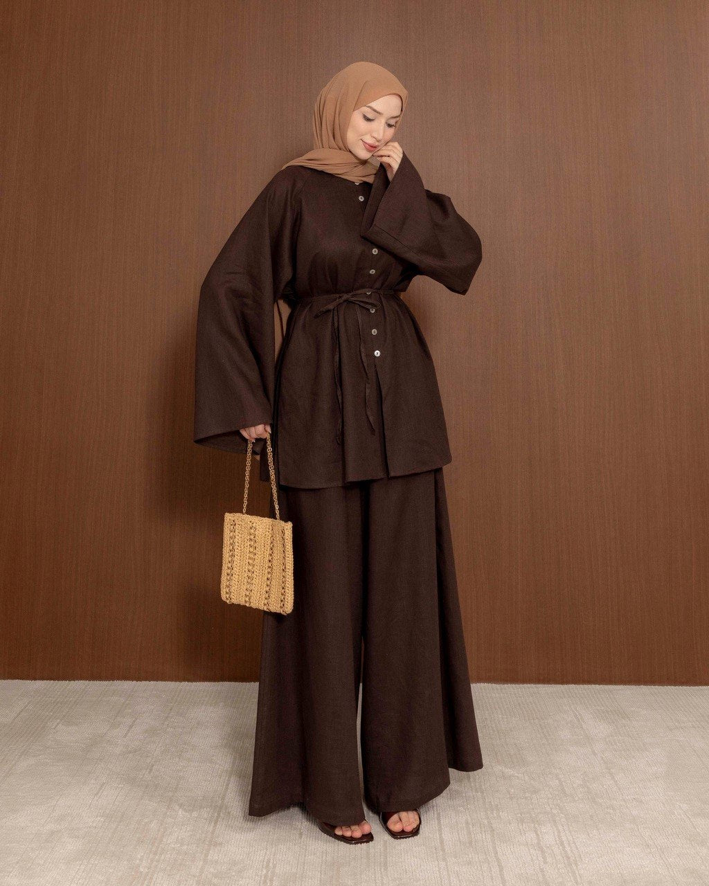 Linen Blend Button Co-Ord Set | Modest Tunic & Wide Leg Trousers