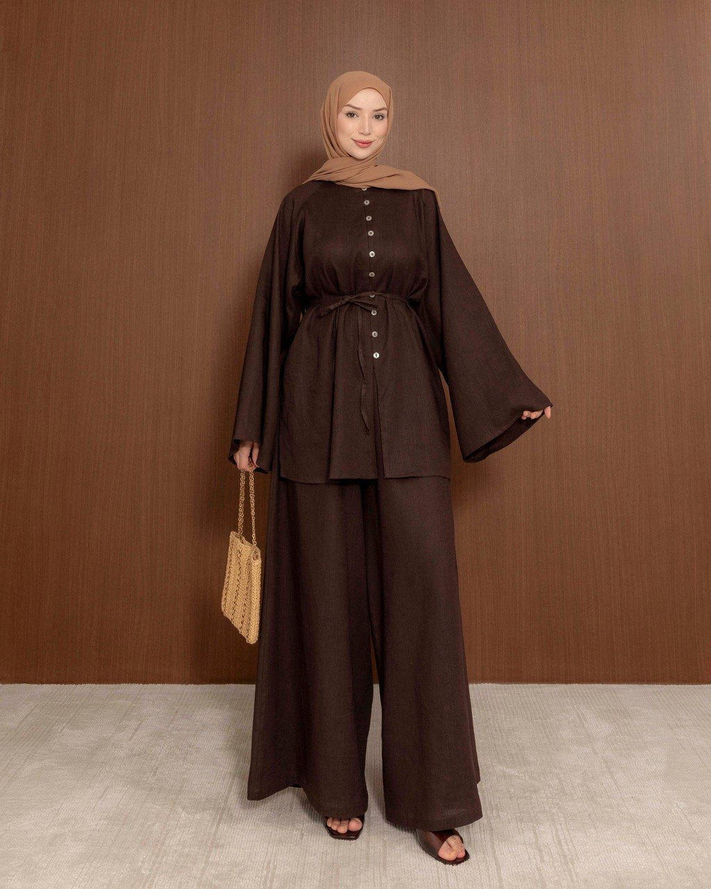 Linen Blend Button Co-Ord Set | Modest Tunic & Wide Leg Trousers