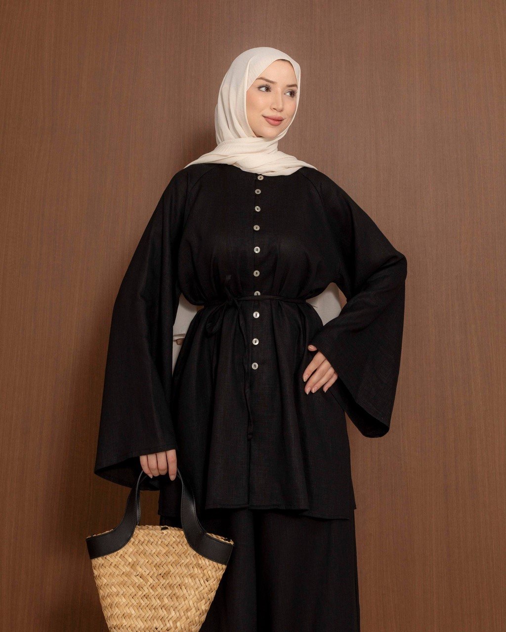 Linen Blend Button Co-Ord Set | Modest Tunic & Wide Leg Trousers