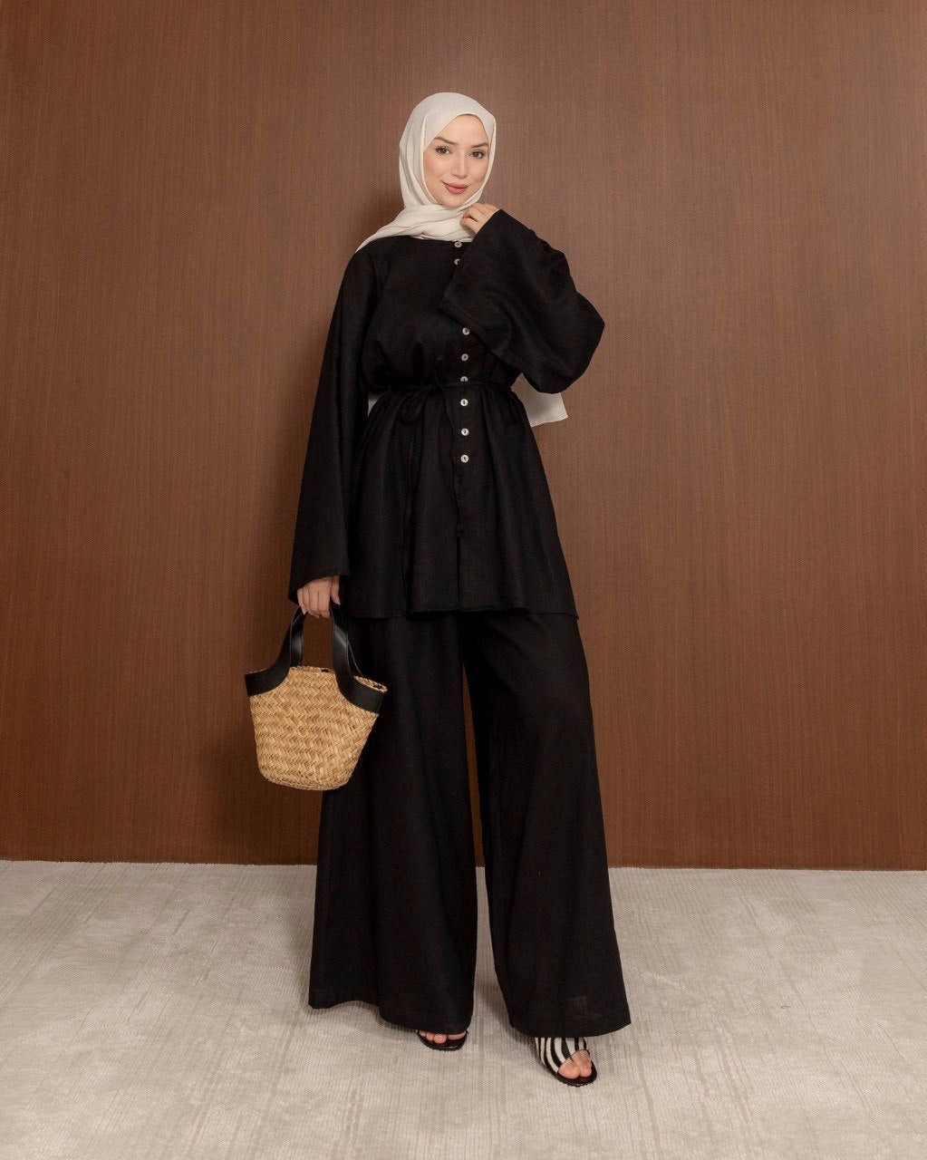 Linen Blend Button Co-Ord Set | Modest Tunic & Wide Leg Trousers