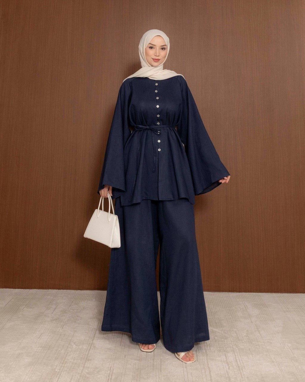 Linen Blend Button Co-Ord Set | Modest Tunic & Wide Leg Trousers