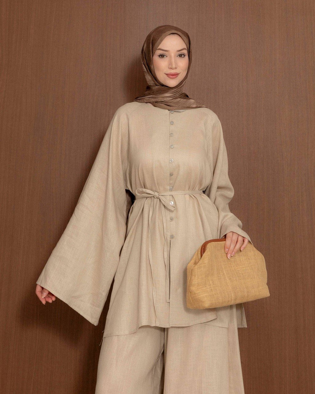 Linen Blend Button Co-Ord Set | Modest Tunic & Wide Leg Trousers