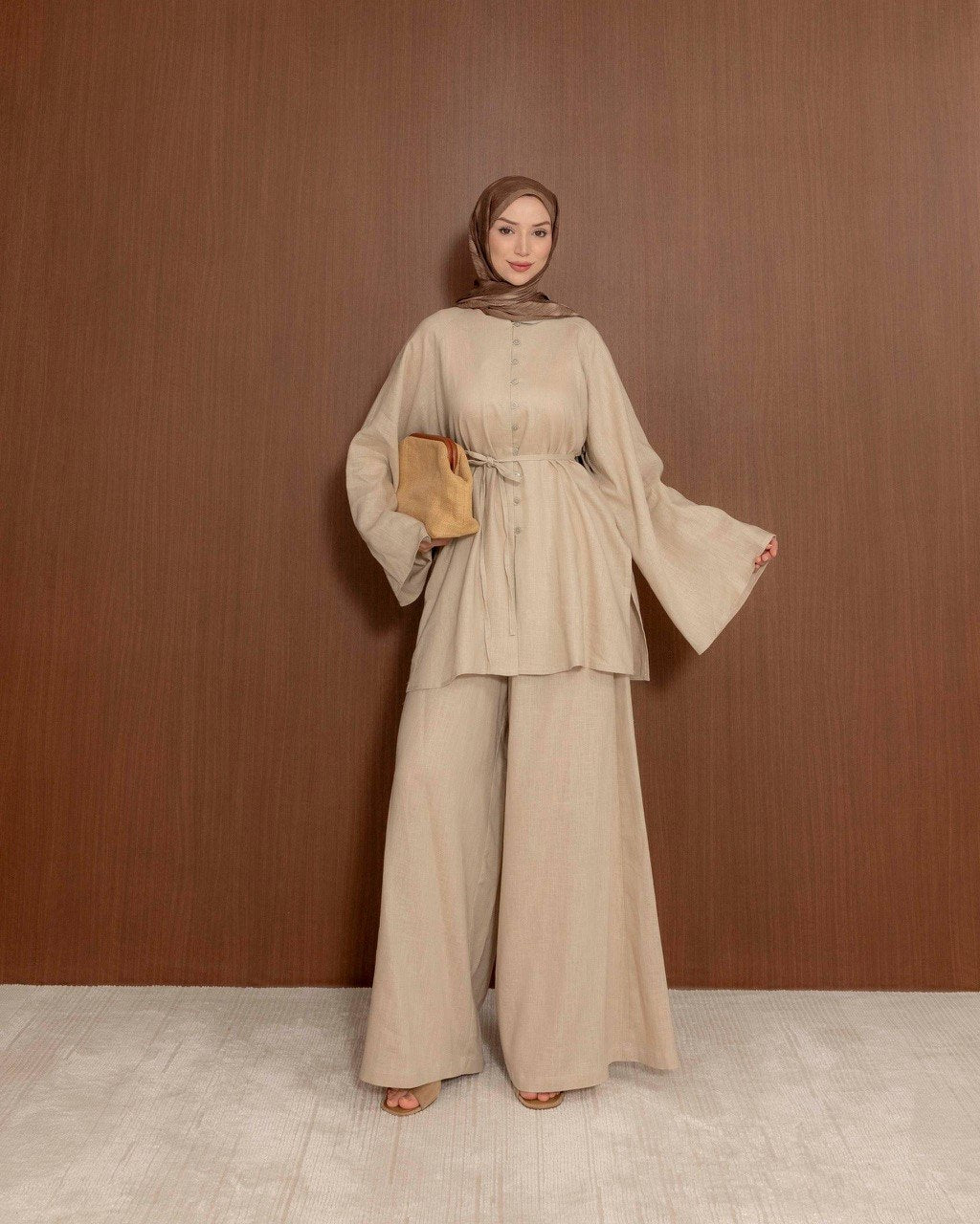Linen Blend Button Co-Ord Set | Modest Tunic & Wide Leg Trousers