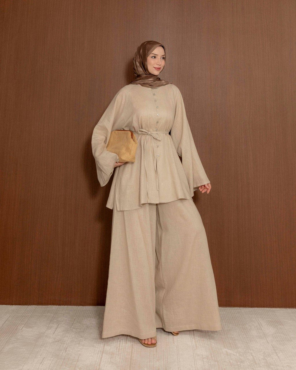 Linen Blend Button Co-Ord Set | Modest Tunic & Wide Leg Trousers