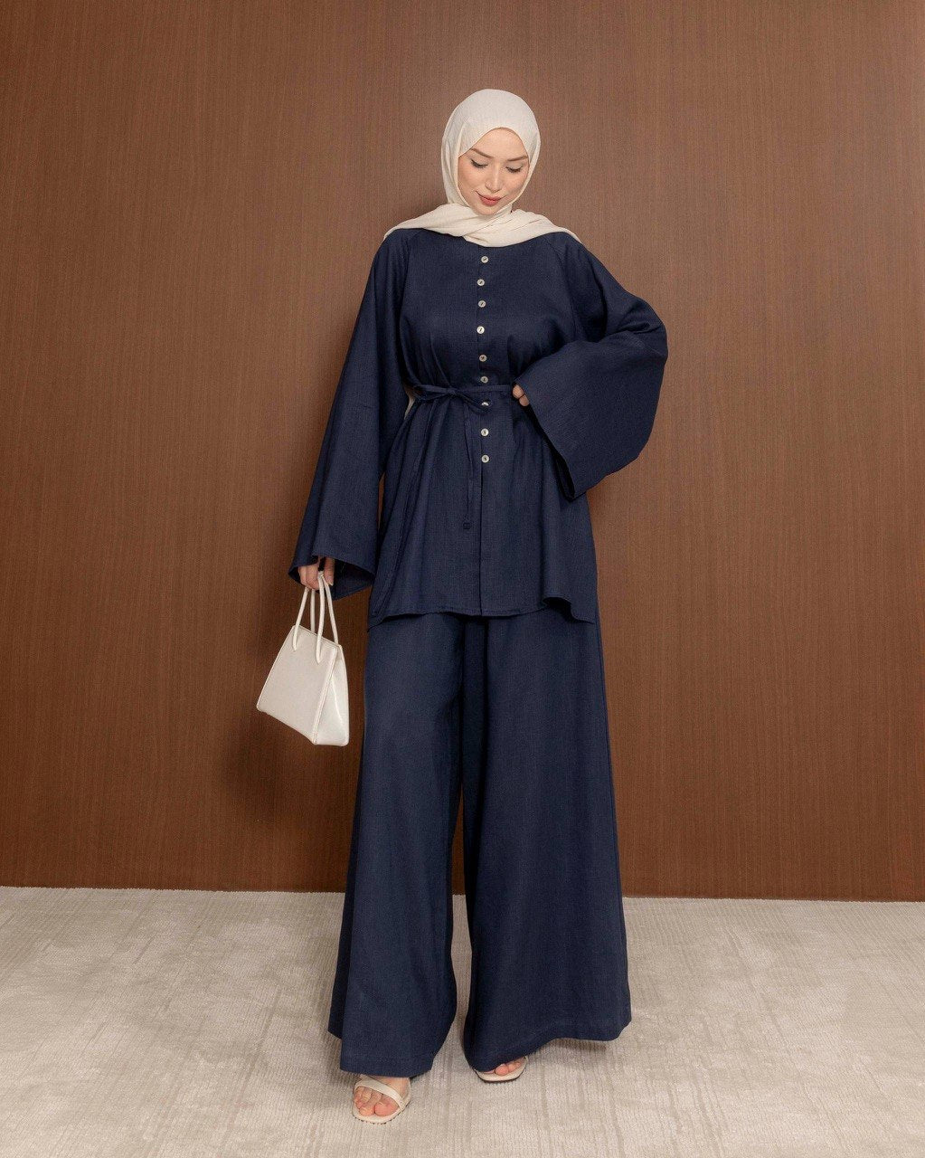 Linen Blend Button Co-Ord Set | Modest Tunic & Wide Leg Trousers