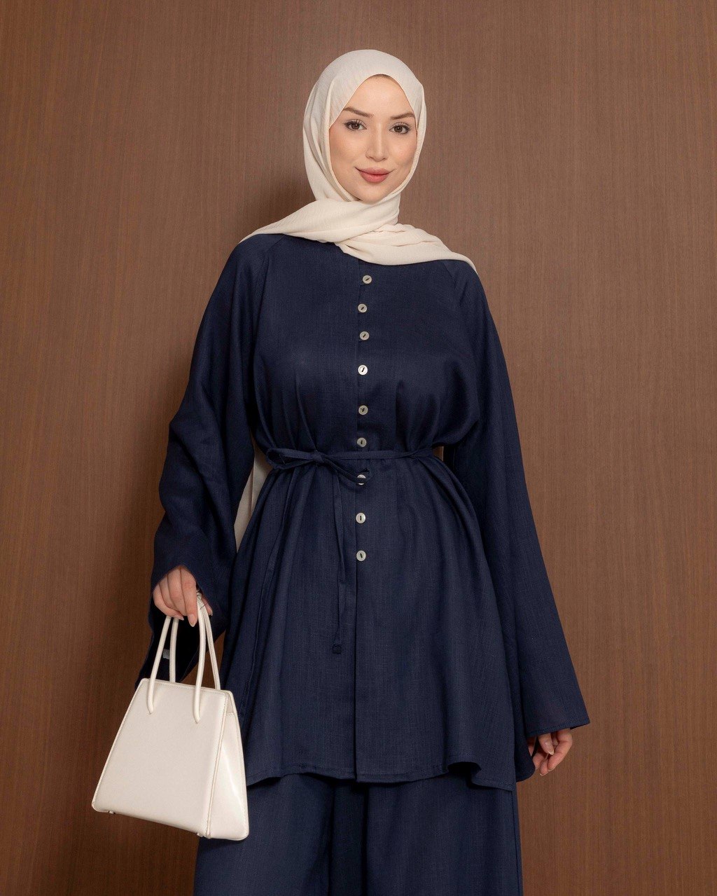 Linen Blend Button Co-Ord Set | Modest Tunic & Wide Leg Trousers