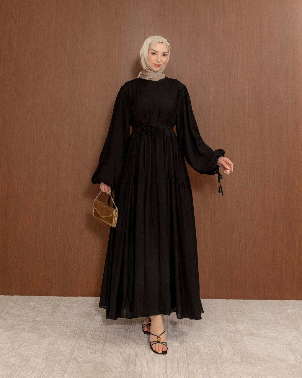 Modest Gathered Maxi Dress with Tie Waist | Everyday Elegance