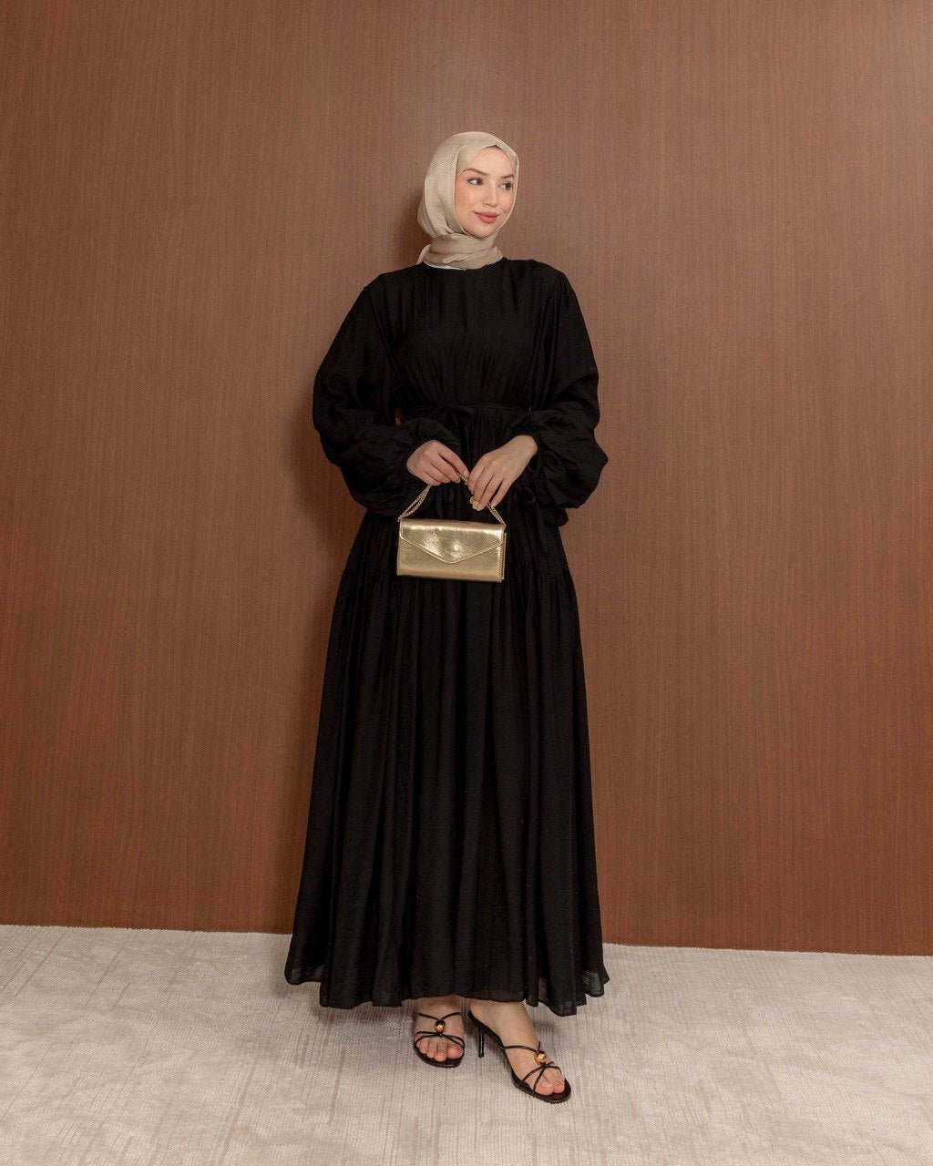 Modest Gathered Maxi Dress with Tie Waist | Everyday Elegance