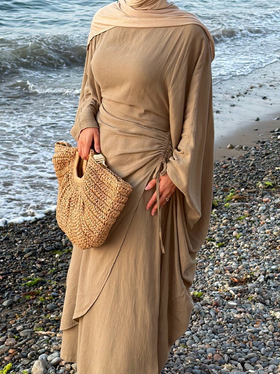 Linen Two-Piece Batwing Abaya Set with Wide-Leg Trousers | Adjustable Waist | One Size