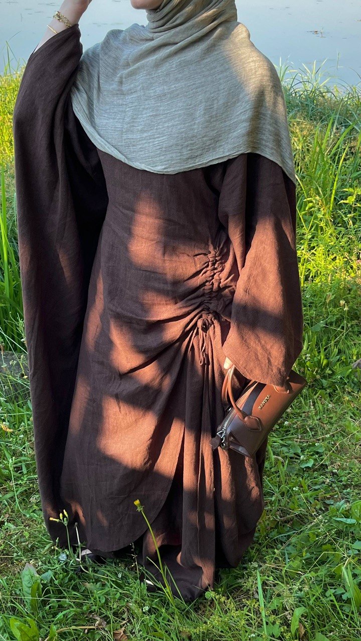 Zweiteiliges Fledermausärmel Abaya Set aus Leinen mit weit geschnittener Hose | Verstellbare Taille | Einheitsgröße