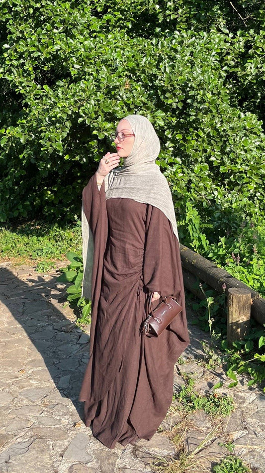 Zweiteiliges Fledermausärmel Abaya Set aus Leinen mit weit geschnittener Hose | Verstellbare Taille | Einheitsgröße