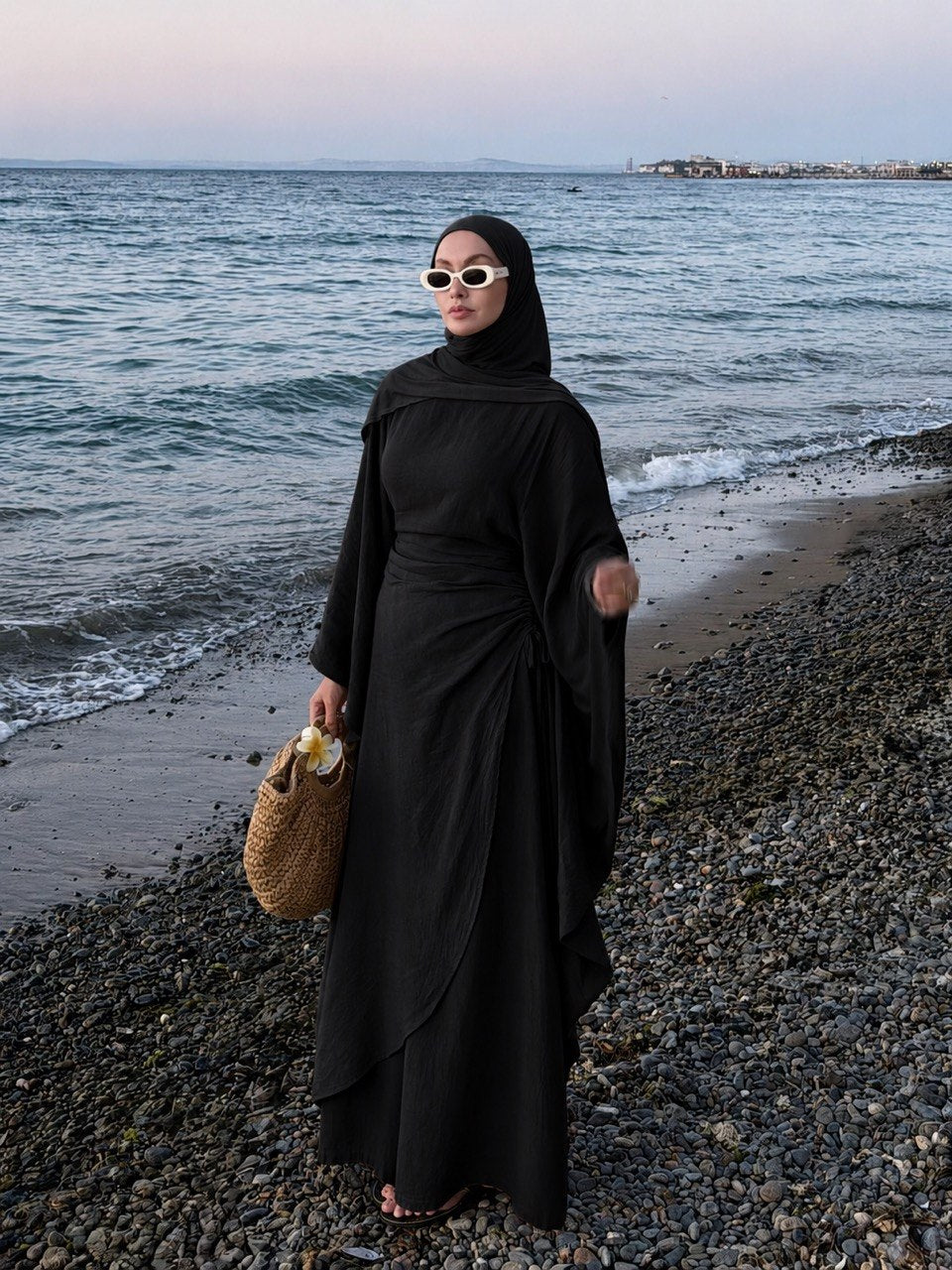 Linen Two-Piece Batwing Abaya Set with Wide-Leg Trousers | Adjustable Waist | One Size