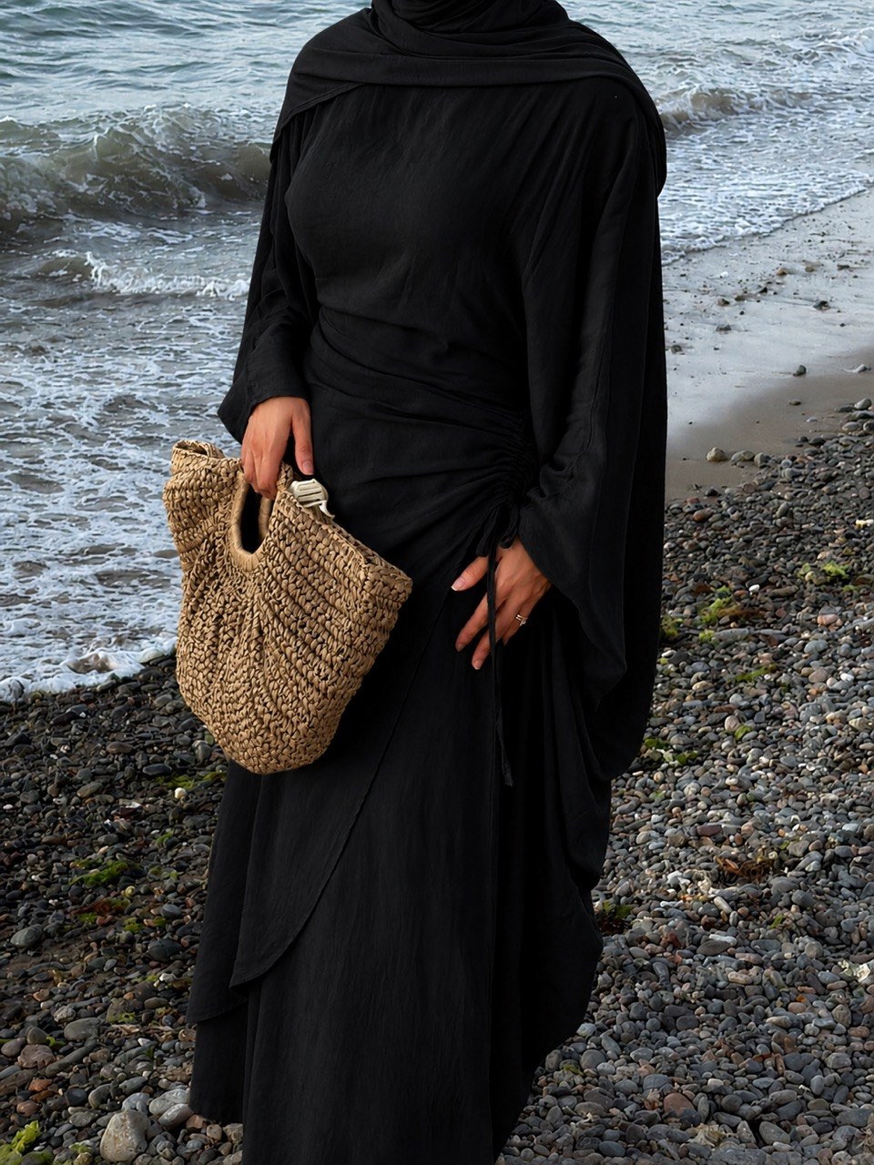 Zweiteiliges Fledermausärmel Abaya Set aus Leinen mit weit geschnittener Hose | Verstellbare Taille | Einheitsgröße