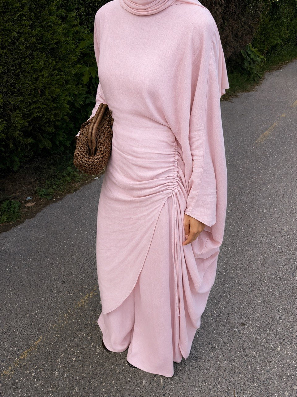 Linen Two-Piece Batwing Abaya Set with Wide-Leg Trousers | Adjustable Waist | One Size