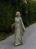Linen Two-Piece Batwing Abaya Set with Wide-Leg Trousers | Adjustable Waist | One Size