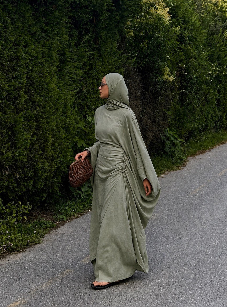 Zweiteiliges Fledermausärmel Abaya Set aus Leinen mit weit geschnittener Hose | Verstellbare Taille | Einheitsgröße