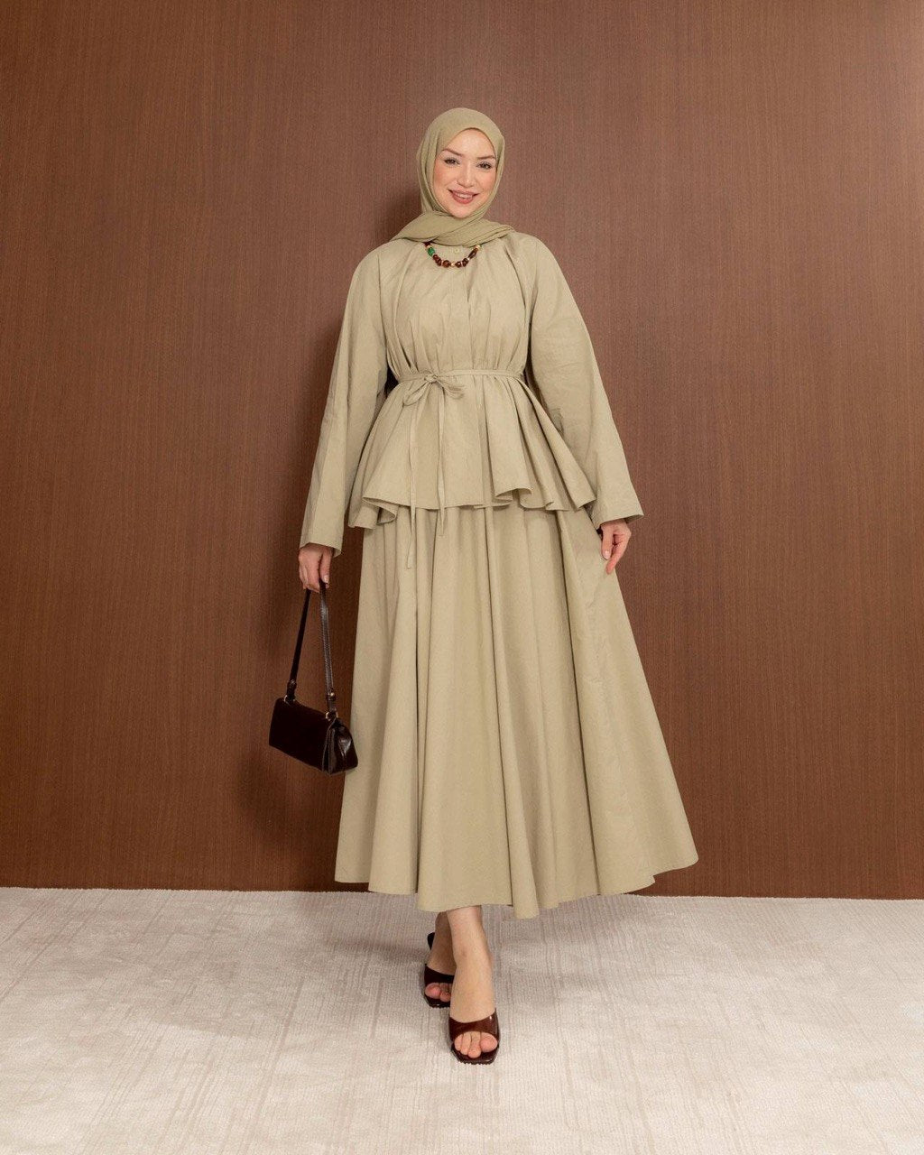 Cotton Blend Peplum Top & Maxi Skirt Co-Ord Set | Elegant Modest Two-Piece Outfit