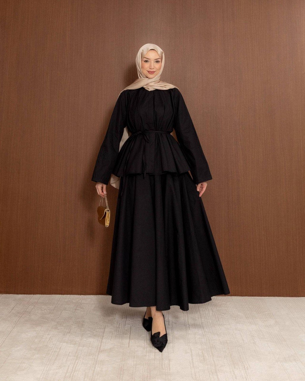 Baumwollmischung Schößchen-Top & Maxirock-Kombiset | Elegantes, bescheidenes zweiteiliges Outfit
