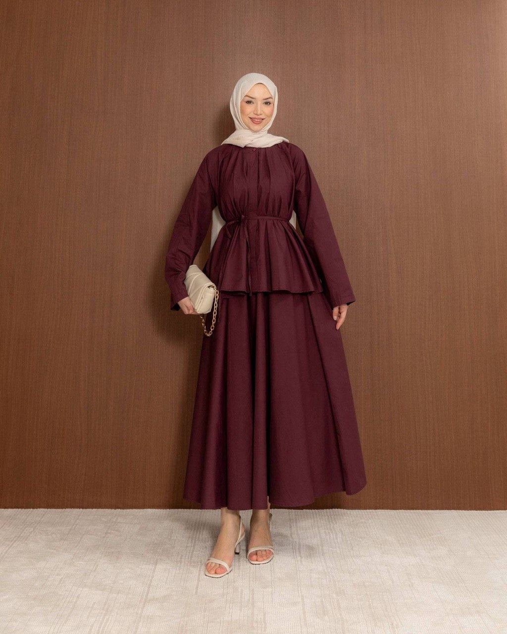 Baumwollmischung Schößchen-Top & Maxirock-Kombiset | Elegantes, bescheidenes zweiteiliges Outfit