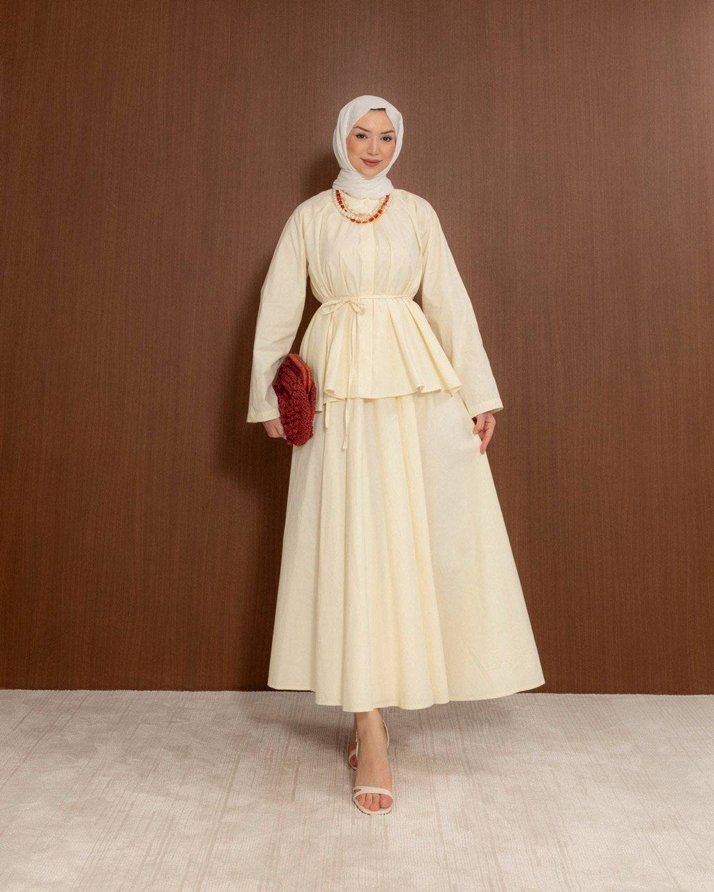 Cotton Blend Peplum Top & Maxi Skirt Co-Ord Set | Elegant Modest Two-Piece Outfit