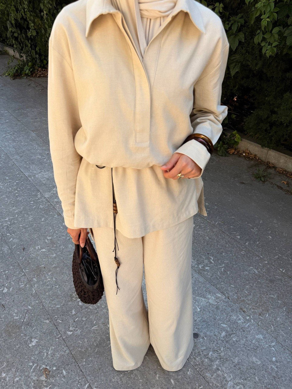 100% Linen Modest Co-Ord Set | Relaxed Shirt & Wide-Leg Trousers