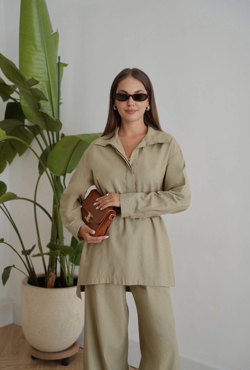 Dezentes Leinen-Set aus 100 % Leinen | Relaxed Shirt & Wide-Leg Trousers